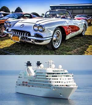 classic car and a cruise ship