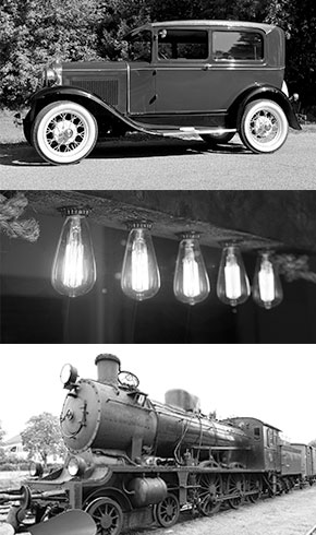 model T, lightbulbs and train
