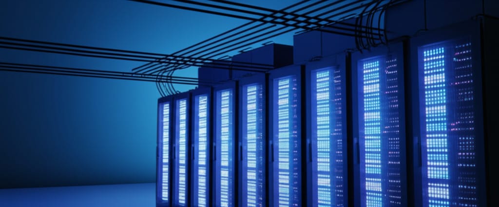 Rows of glowing AI data-center servers drawing power