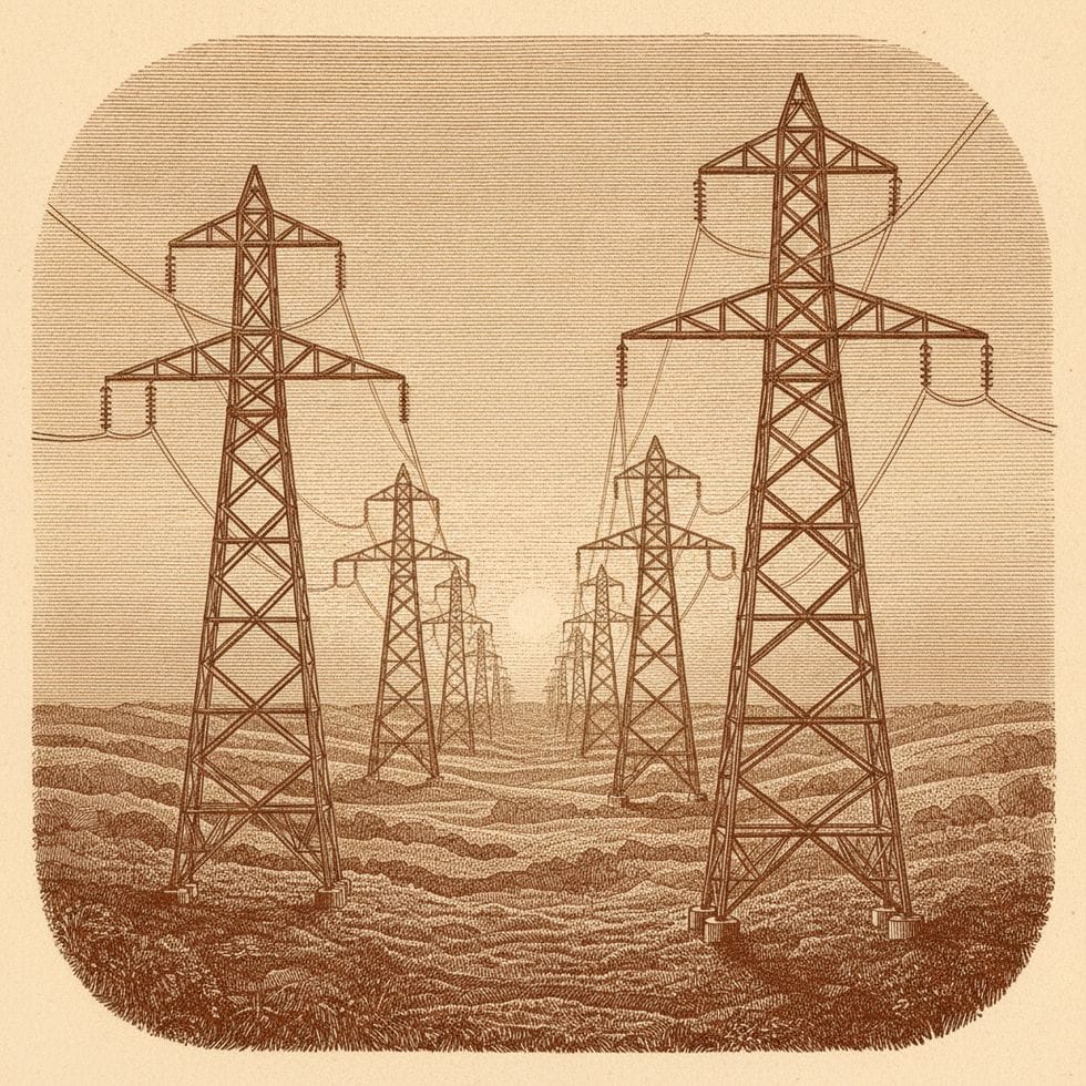 Engraved illustration of a transmission corridor at dusk.