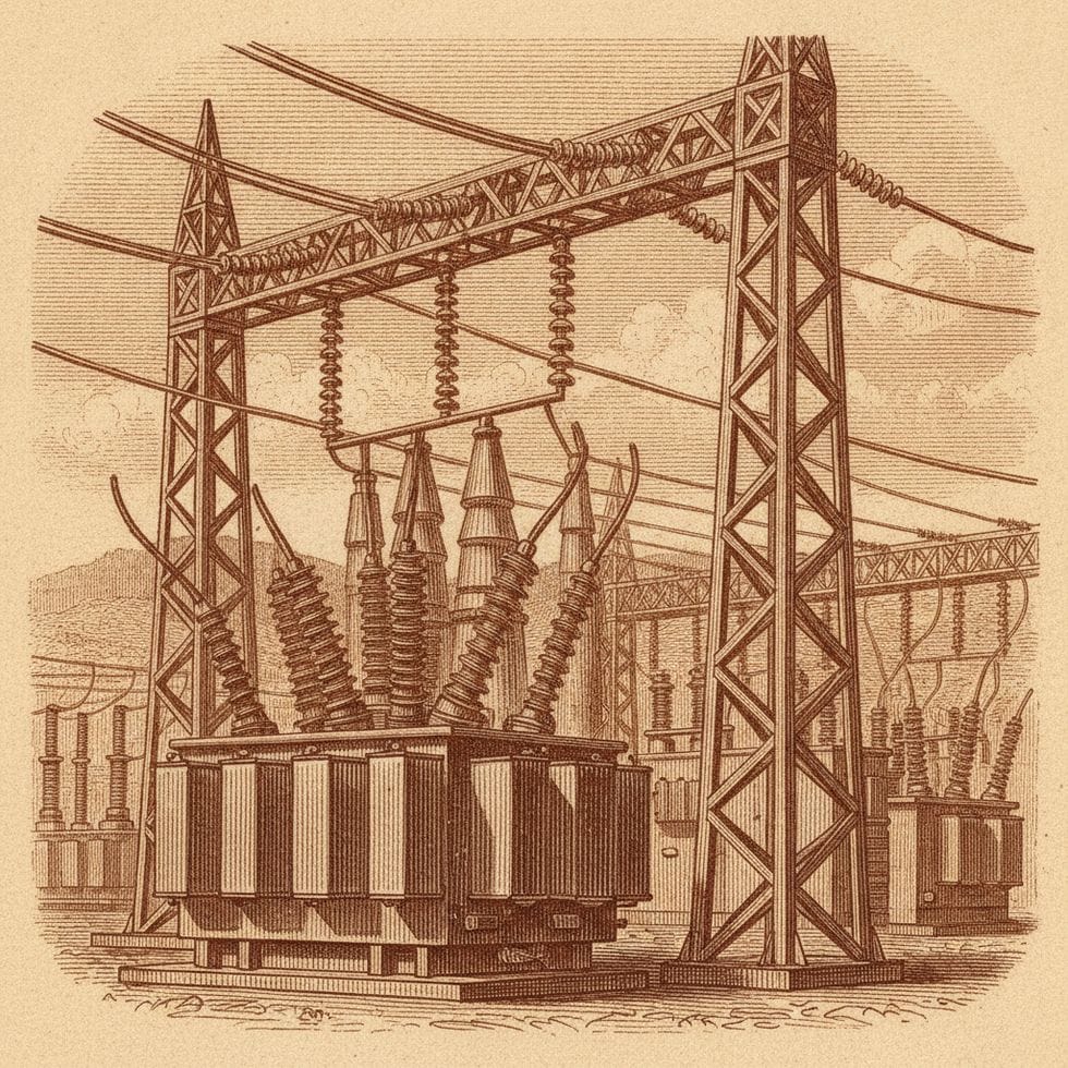 Engraved illustration of an electrical substation.