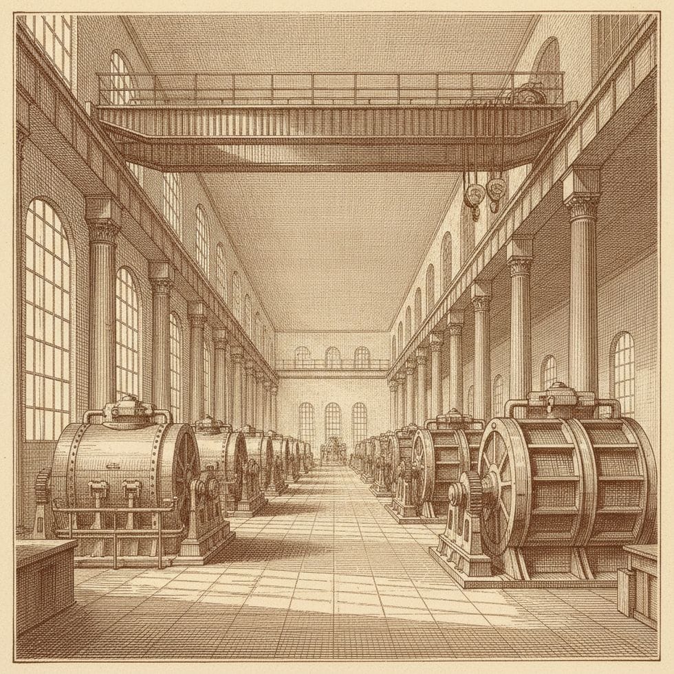 Engraved illustration of a turbine hall.